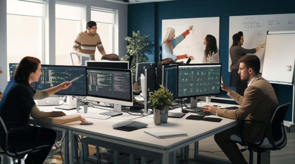 Modern illustration of a team working on software development